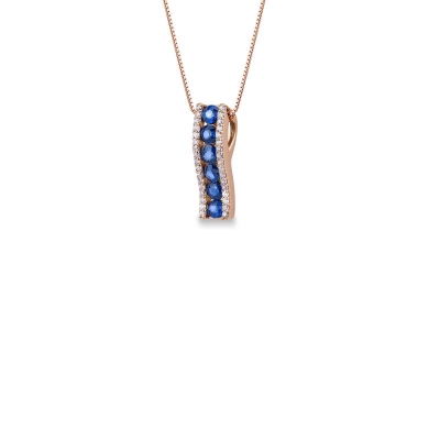 18k rose gold fancy bar pendant with diamonds and blue sapphires