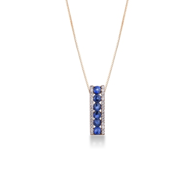 18k rose gold fancy bar pendant with diamonds and blue sapphires