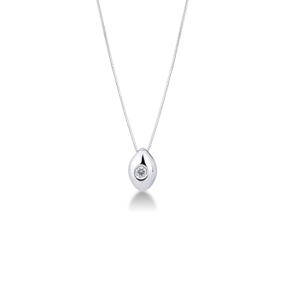 18k white gold solitaire necklace with drop shaped bezel and diamond