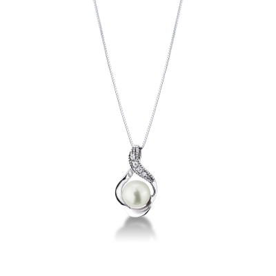 Necklace in 18k white gold with diamonds and a pearl