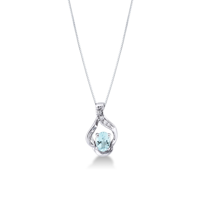 Collana in oro bianco 18k con pendente acquamarina ovale e diamanti