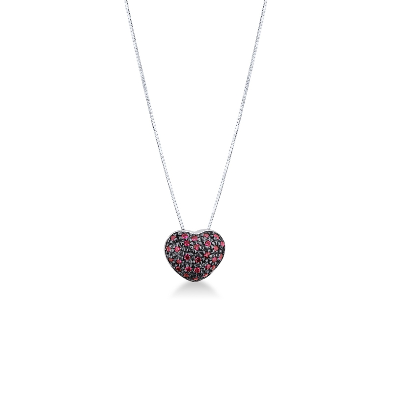 Collana in oro bianco 750 con ciondolo pavè cuore brunito con rubini