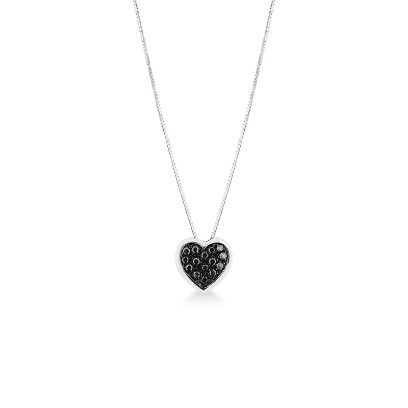 Collana in oro bianco 18k con ciondolo cuore in pavè di diamanti neri