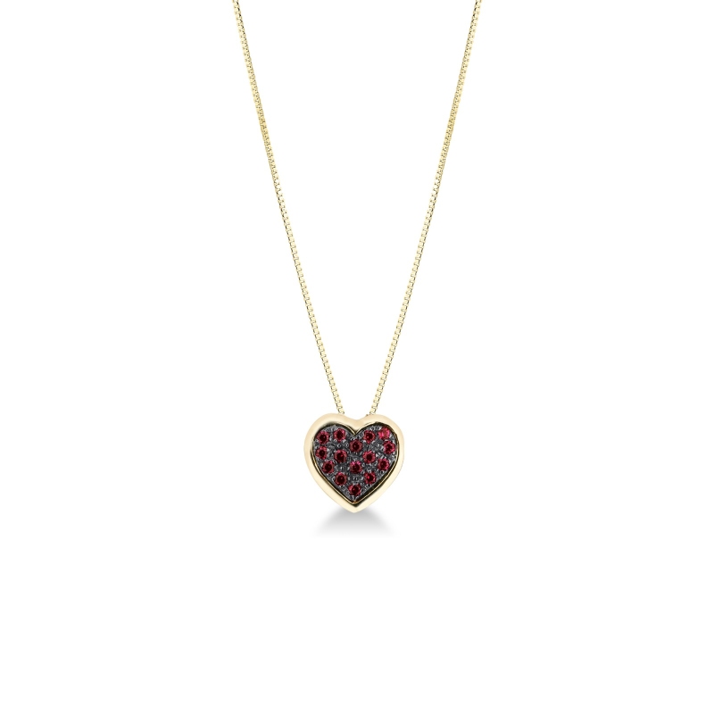 Collana in oro giallo 18k con ciondolo cuore pavè brunito con rubini