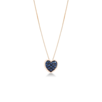 Collana in oro rosa 18k con ciondolo cuore pavè brunito zaffiri blu