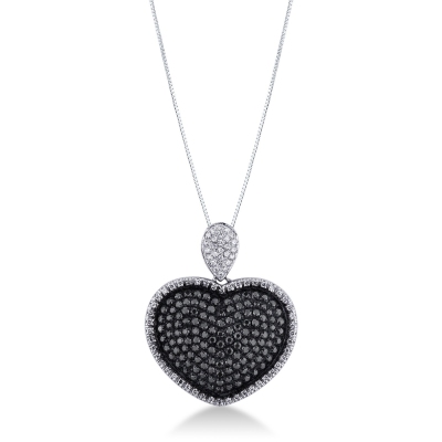 18k white gold necklace with heart pendant with black and white diamonds
