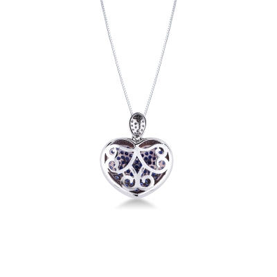 18k white gold necklace with heart pendant with diamond and burnished sapphire pavè