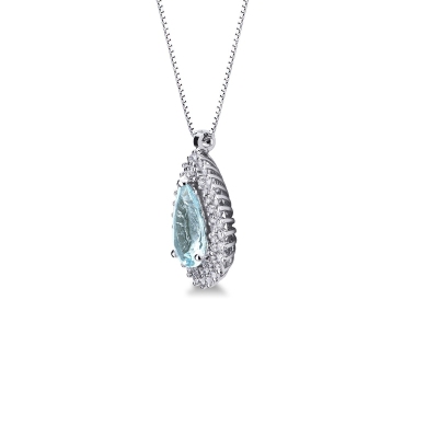 Necklace with pendant, central pear cut aquamarine and diamonds