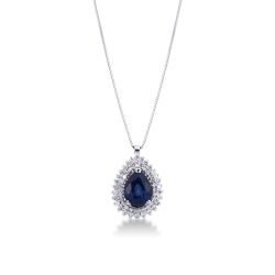 Necklace with pendant, central pear cut blue sapphire and 2 rows of diamonds