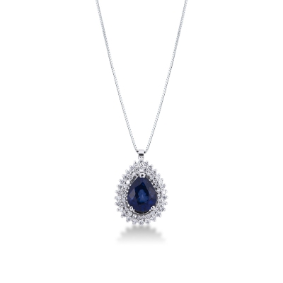 Necklace with pendant, central pear cut blue sapphire and 2 rows of diamonds