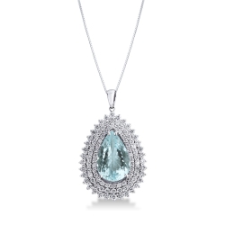 Necklace with pendant, pear cut aquamarine crowned by 3 rows of diamonds