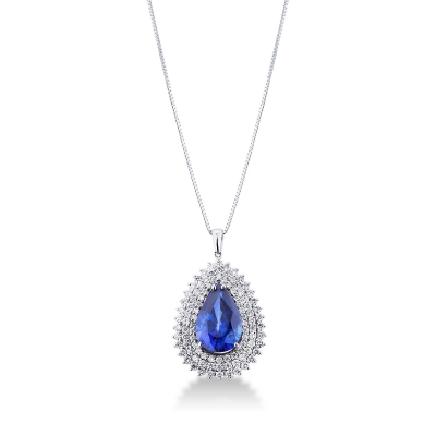 Necklace with pendant, central pear cut blue sapphire and 3 rows of diamonds