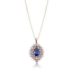 Necklace with pendant, central pear cut sapphire and a fancy crown of diamonds