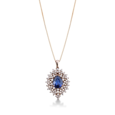 Necklace with pendant, central pear cut sapphire and a fancy crown of diamonds