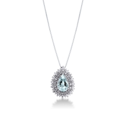 Necklace with pendant, central aquamarine and a fancy crown of round cut diamonds