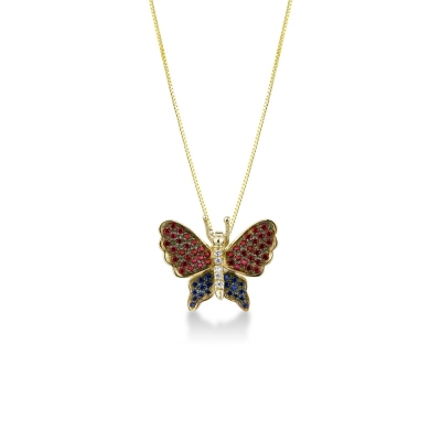 18k yellow gold butterfly pendant with diamonds, rubies and sapphires