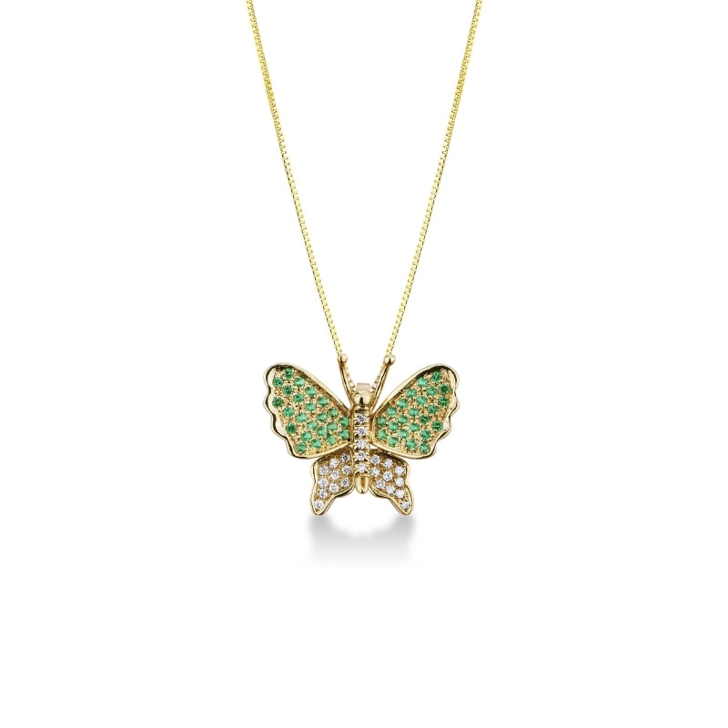 18k yellow gold butterfly pendant with diamonds and emeralds