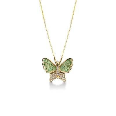 18k yellow gold butterfly pendant with diamonds and emeralds