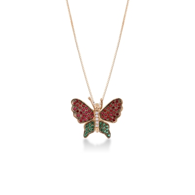 18k rose gold butterfly pendant with rubies and emeralds
