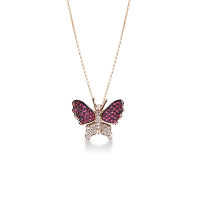 18k rose gold butterfly pendant with rubies and round cut diamonds