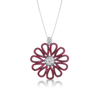 Flower pendant with 11 rubies petals and diamonds