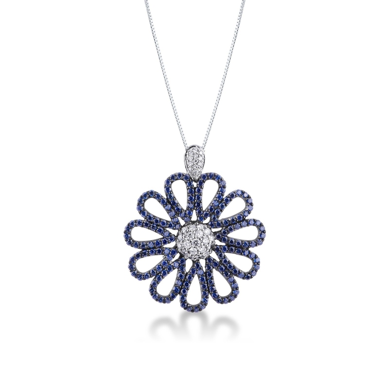 Flower pendant with 11 sapphire petals and diamonds