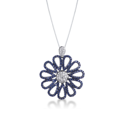Flower pendant with 11 sapphire petals and diamonds