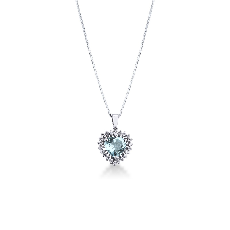Necklace with pendant, heart cut aquamarine and diamonds