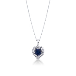Necklace with pendant, heart cut blue sapphire and a fancy crown of diamonds