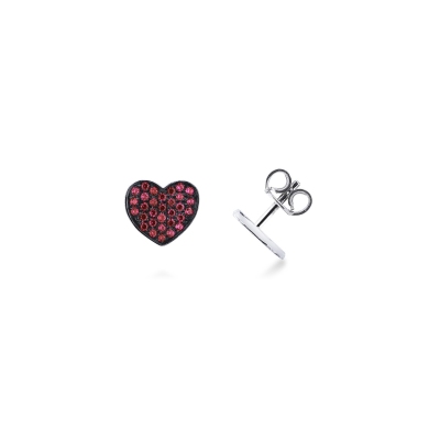 18k white gold heart shape earrings with burnished top and ruby pavè