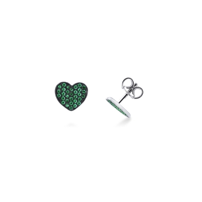 18k white gold heart shape earrings with burnished top and emerald pavè