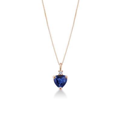 18k rose gold necklace with heart shape sapphire and a diamond