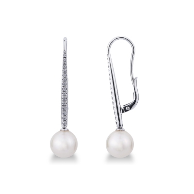 18k white gold drop earrings with 8mm pearls and diamonds 