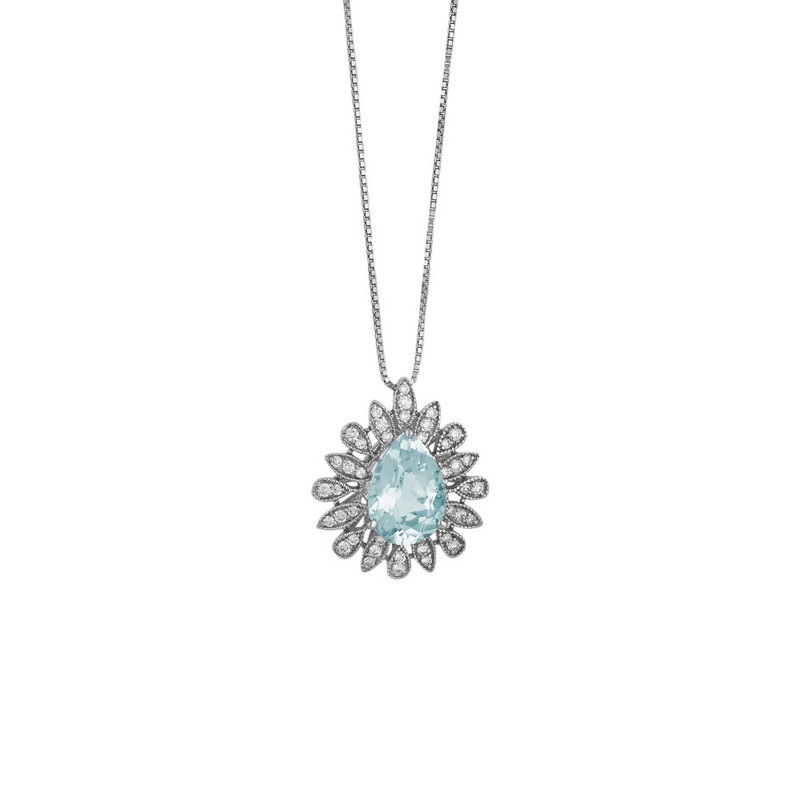 Necklace with pendant, pear cut aquamarine and a fancy crown of diamonds
