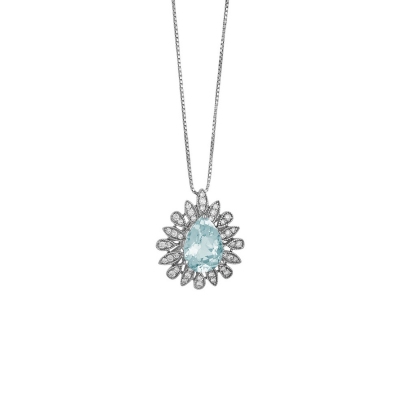 Necklace with pendant, pear cut aquamarine and a fancy crown of diamonds