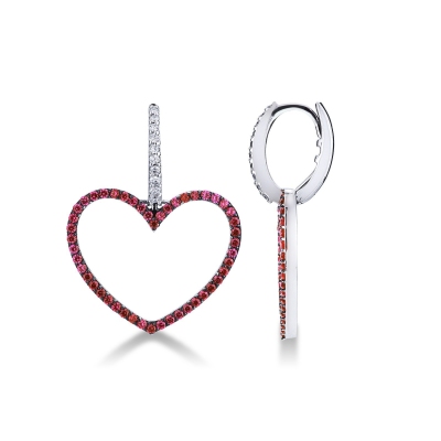 White gold 18k earrings heart shaped with diamonds and rubies 