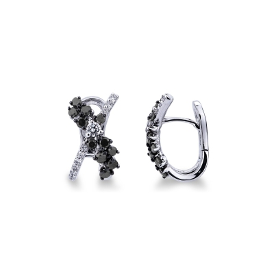 Criss cross earrings in white gold 18k with white and black diamonds 