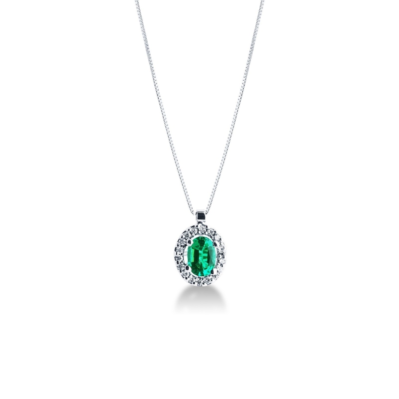 Necklace with pendant, central oval emerald and diamonds
