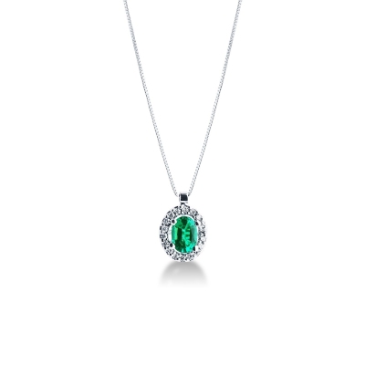 Necklace with pendant, central oval emerald and diamonds