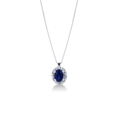 Necklace with pendant, central oval blue sapphire and a crown of diamonds