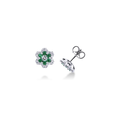18k white gold flower earrings with emeralds and diamonds