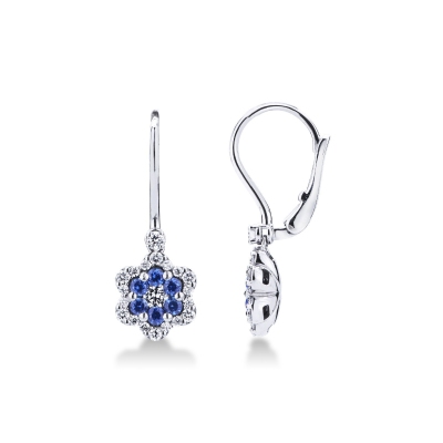 White gold 18k drop earrings with flowers in diamonds and blue sapphires 