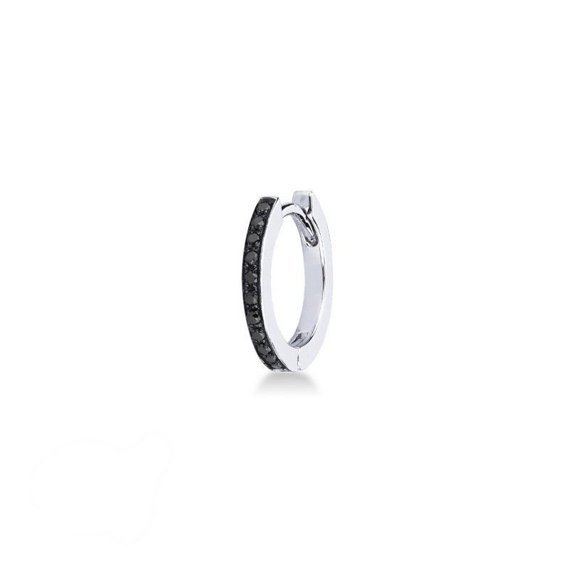 Mono orecchino da uomo a cerchio in oro bianco 18k con diamanti neri, diametro 1.10 cm