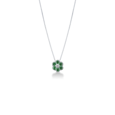 18k white gold flower pendant with emeralds and diamonds