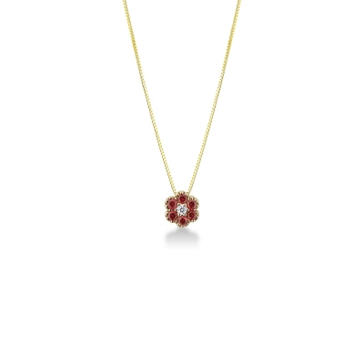 Little flower pendant in 18k yellow gold with diamonds and rubies