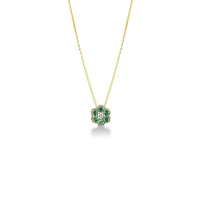 Little flower pendant in 18k yellow gold with diamonds and emeralds