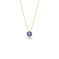 Collana in oro giallo 18k con fiore in zaffiri blu e diamante