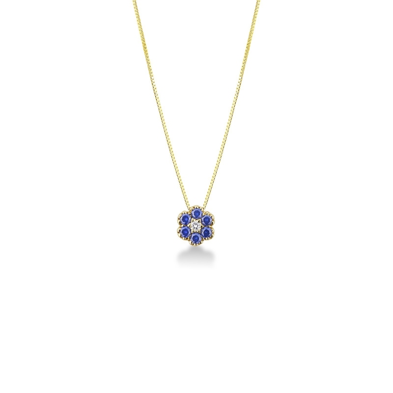 Little flower pendant in 18k yellow gold with diamonds and sapphires