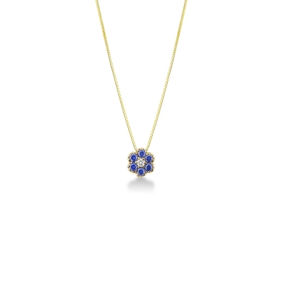 Collana in oro giallo 18k con fiore in zaffiri blu e diamante
