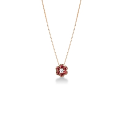Little flower pendant in 18k rose gold with diamonds and rubies